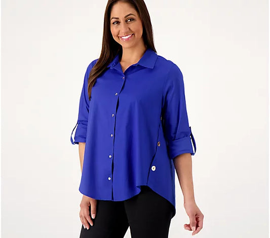 Attitudes by Renee Curved Hem Button Down blue