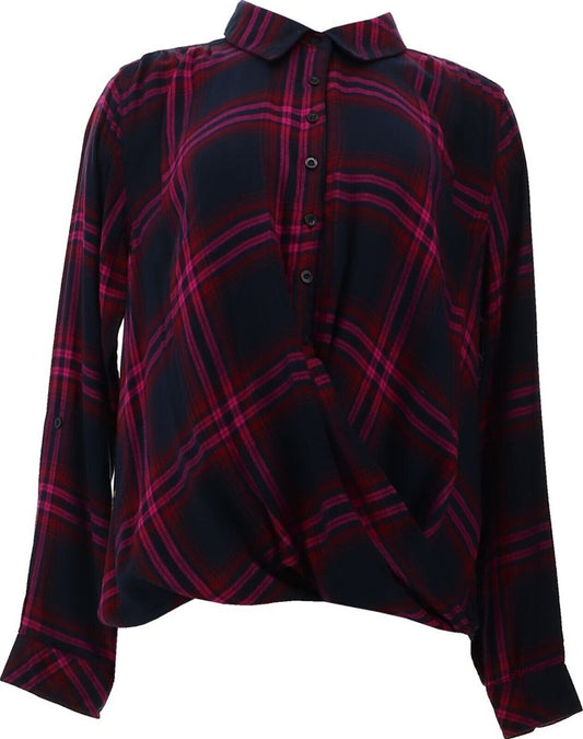 Tolani Collection Pullover Plaid Top with Printed Back Fucsia and Black