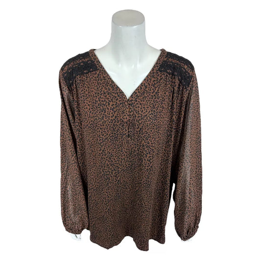 Belle by Kim Gravel Lace Trim Mini Animal Print Blouse (Coffee Bean, XXS A520322