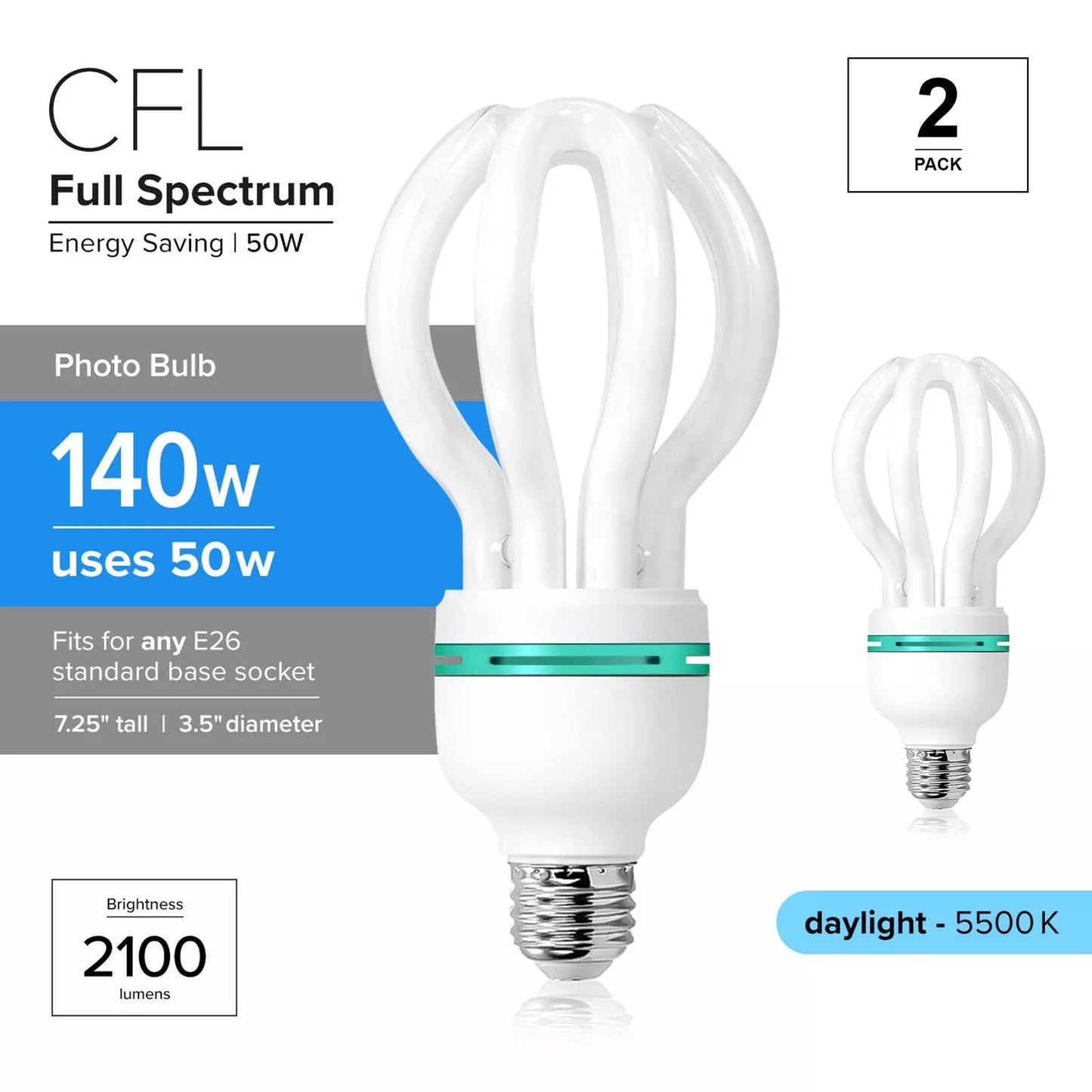 LS [2-Pack] CFL 50W Photography Video Lighting Bulb 5500K Photo Studio Bulbs