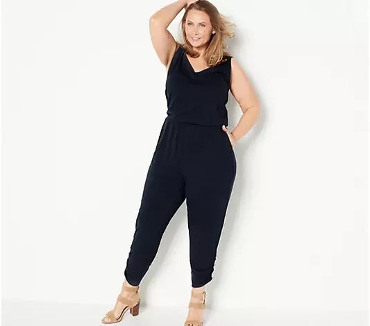 All Worthy Hunter McGrady Knit Jumpsuit with Ruched Leg-BLACK-XL-A397221