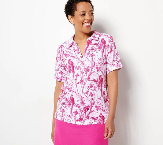 saac Mizrahi Live! Women's Top Size L Printed Pebble Knit Collar Pink A498788