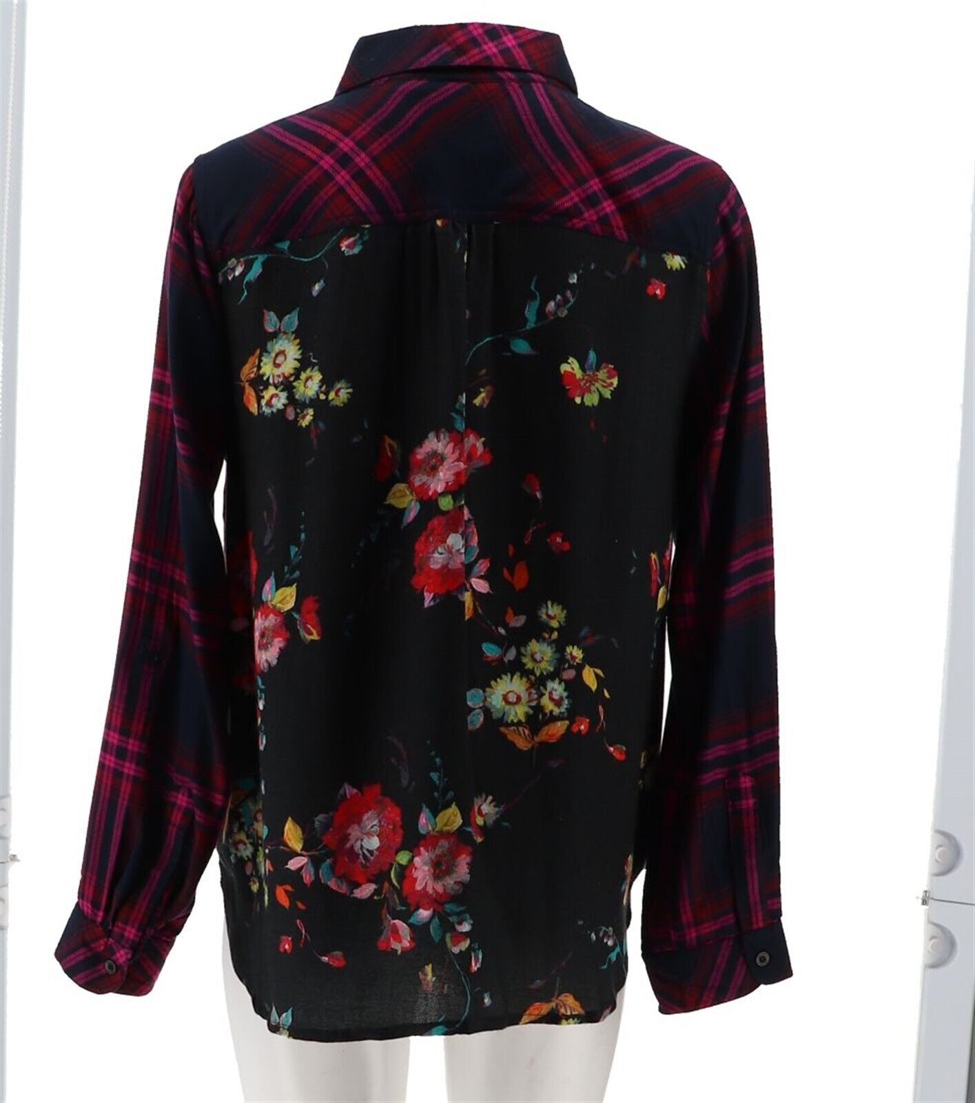 Tolani Collection Pullover Plaid Top with Printed Back Fucsia and Black