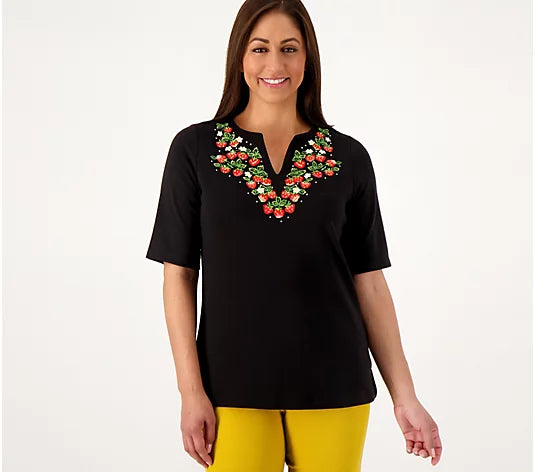 Quacker Factory Fresh Picked Split Neck Elbow Sleeve Top