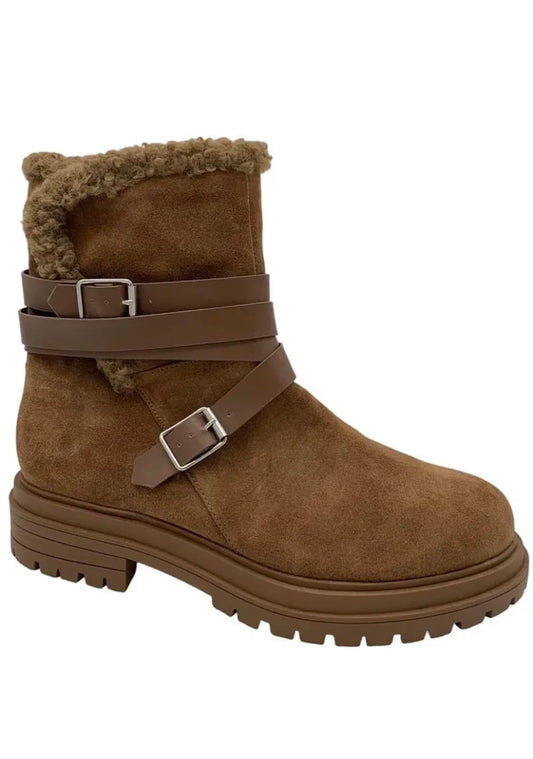 Laurie Felt Women’s Suede Shearling Buckle Boots- Brown