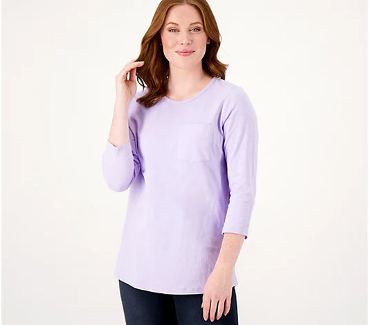 Denim & Co. Women’s Textured Knit Round Neck 3/4 Sleeve Curved Hem Top