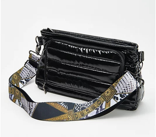 Think Royln Front Zip Wallet Patent Crossbody Bank Street Black