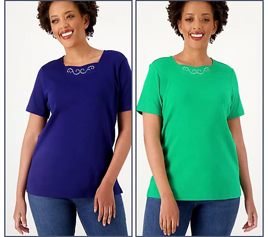 Quacker Factory Women’s Set of Two Sparkle & Shine Inset Short Sleeve Top