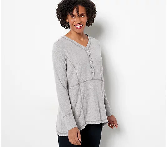 LOGO Lori Goldstein Brushed Sweater Knit Henley Top V NEW A469704
