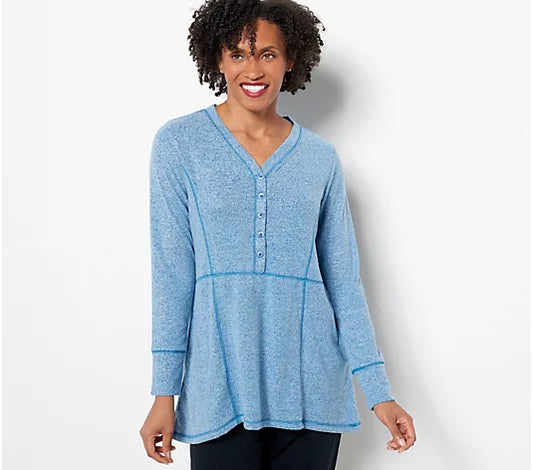 LOGO Lori Goldstein Brushed Sweater Knit Henley Top V NEW A469704