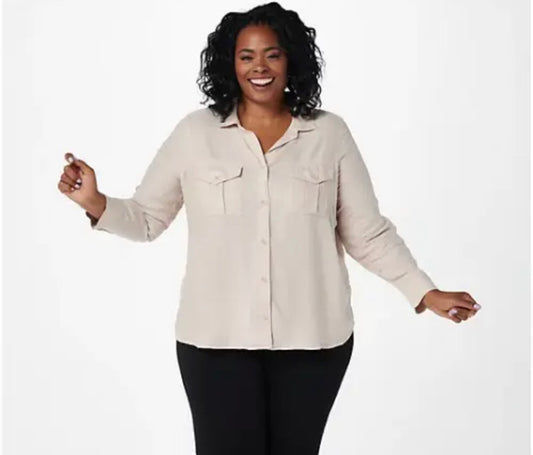 Side Stitch Women’s Long Sleeve Heathered Lux Utility Shirt- Oatmeal