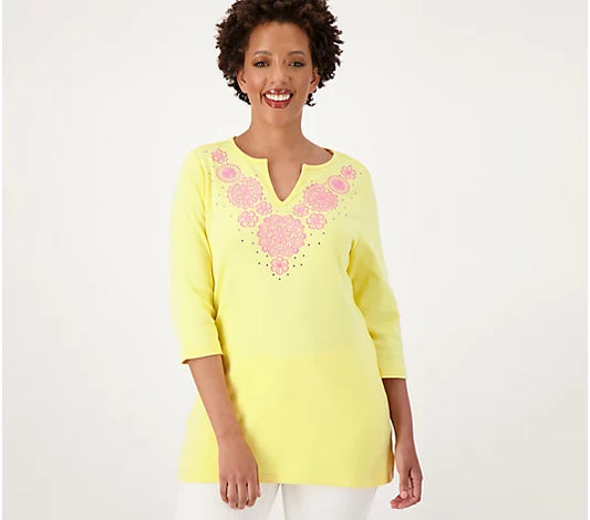 Quacker Factory Lace and Stones Split Neck Tunic Top- Yellow
