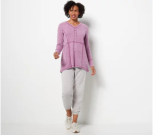 LOGO Lori Goldstein Brushed Sweater Knit Henley Top V NEW A469704